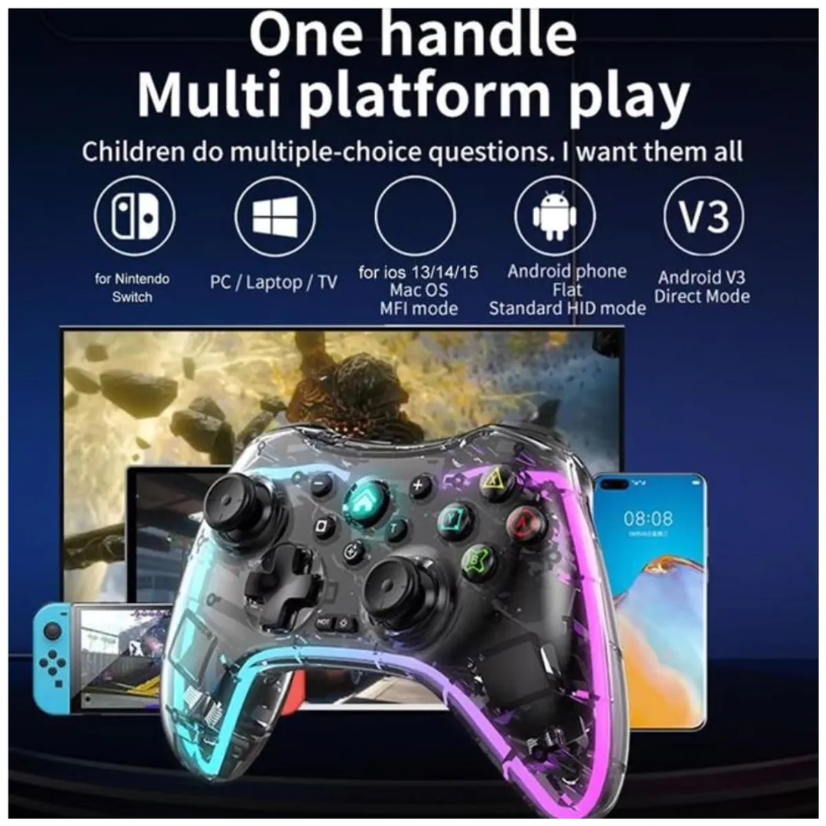 AMERICAN GENERICS - Control Inalambrico Gamepad Transparente Rgb Joystick Lh-3