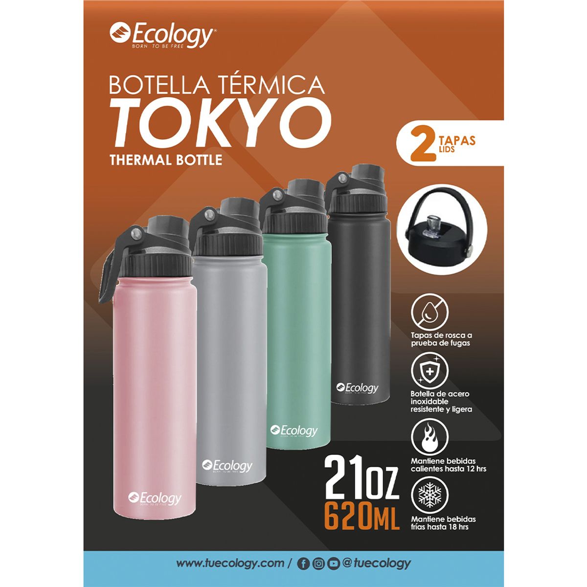 ECOLOGY - Botella Térmica Tokyo Doble Tapa 21oz - 620ml Ecology