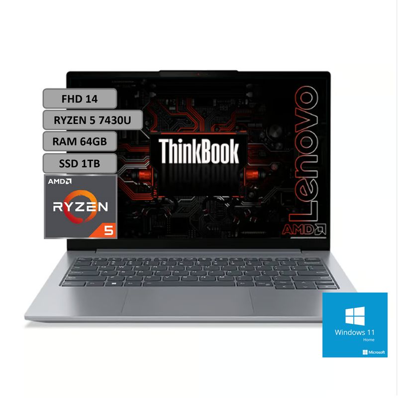 LENOVO - Portatil Lenovo Thinkbook 14 AMD Ryzen 5 7430u RAM 64gb SSD 1TB 14 Win11Pro