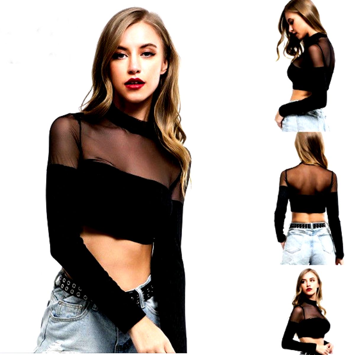 VIA7 - Blusa malla y licra manga larga cuello alto