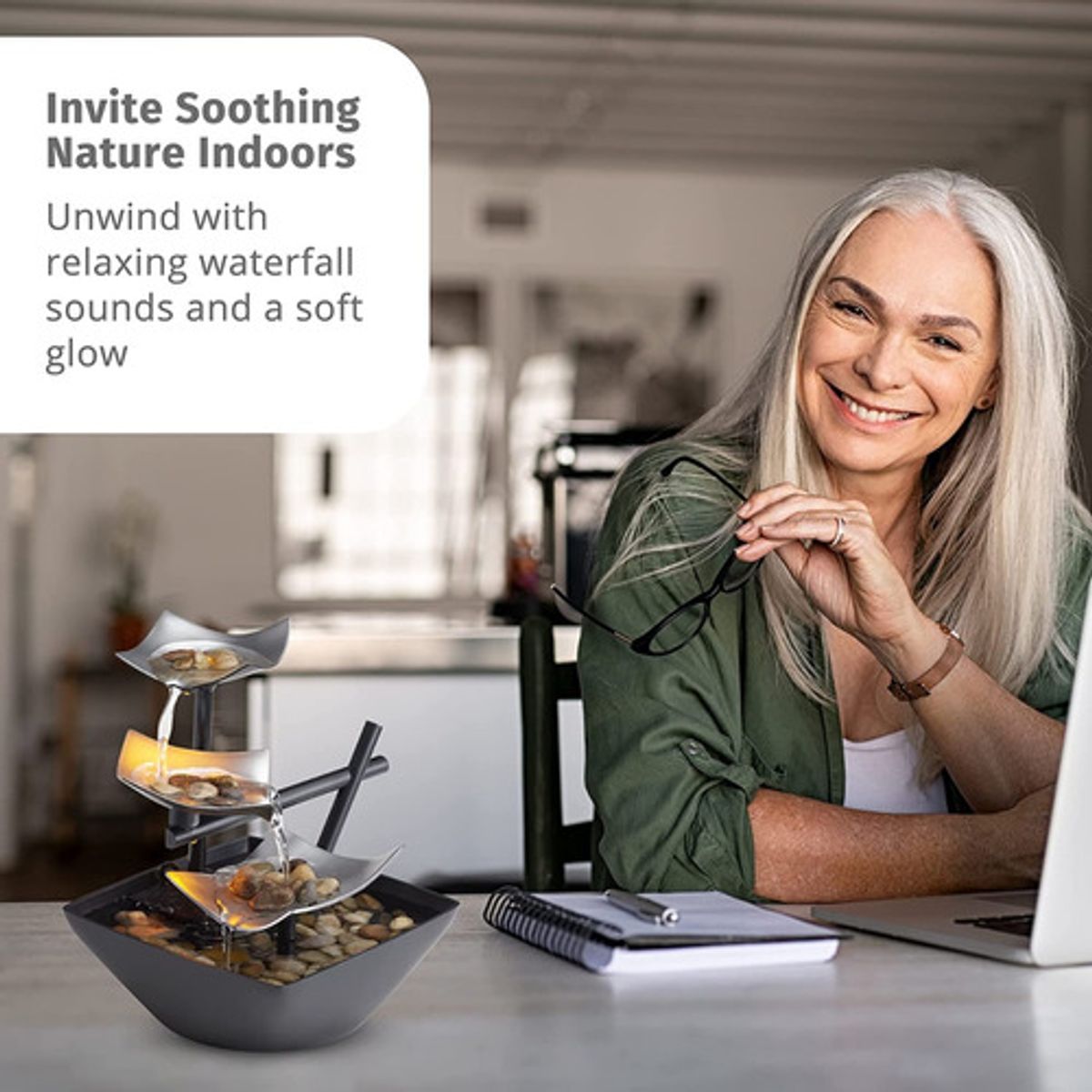 DECOR AND HOME - Fuente De Plata Iluminada Relajación Con Piedras Naturale