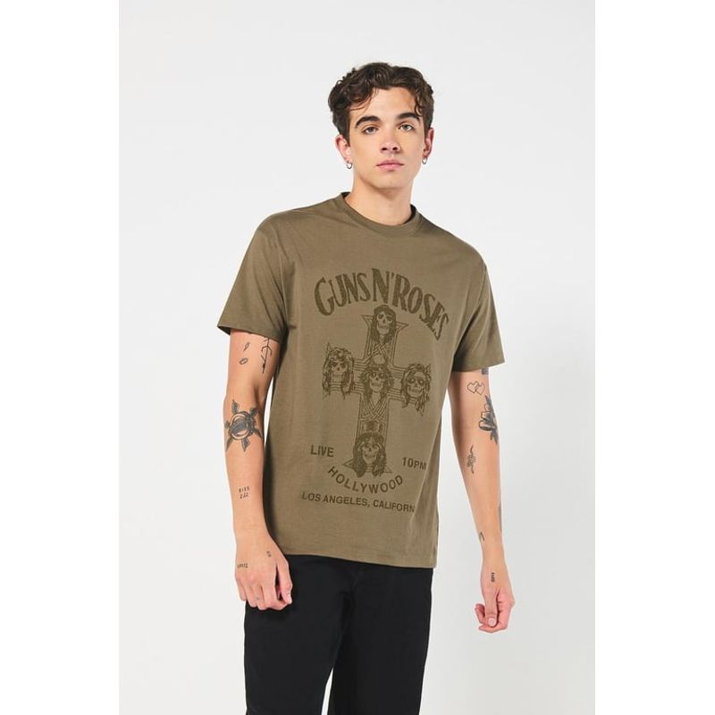 KOAJ - KOAJ Camiseta verde oscura manga corta con arte de Guns N´ Ros HOMBRE