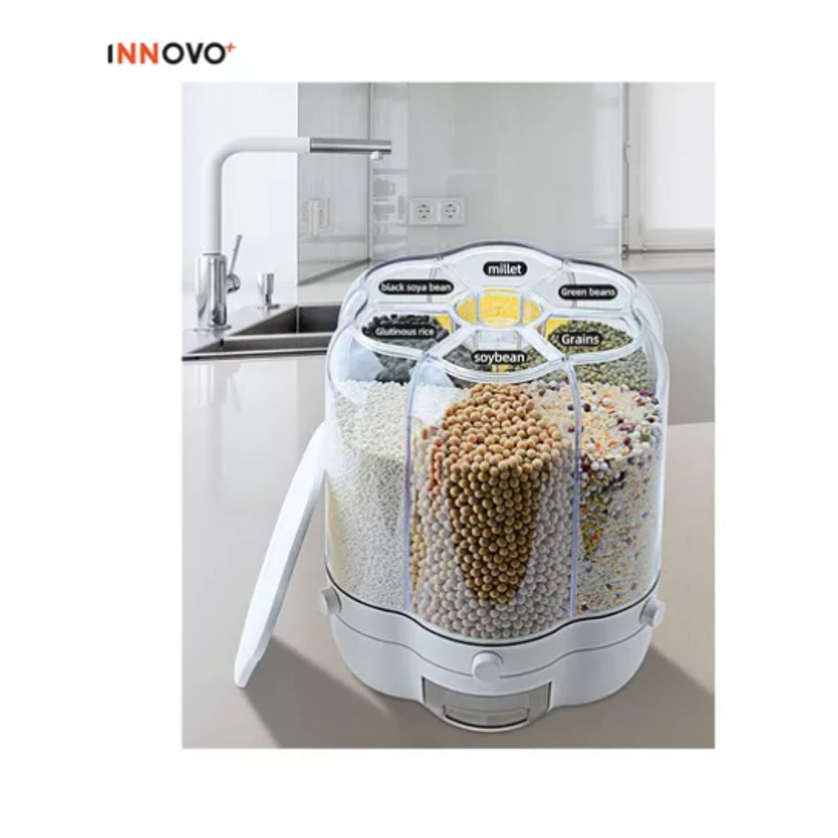 INNOVA - Dispensador De Alimentos Granos Cereales Giratorio X6 Compartimientos