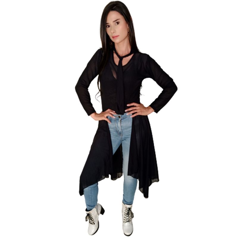 VIA7 - Blusa malla larga moño  cuello mujer negra no top
