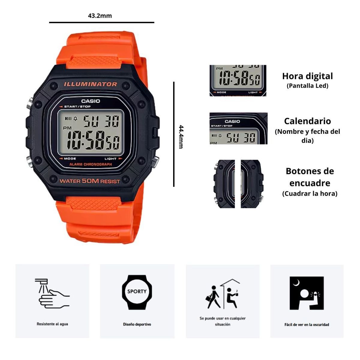 CASIO - Reloj Casio Modelo W-218H-4B2 Diseño Deportivo