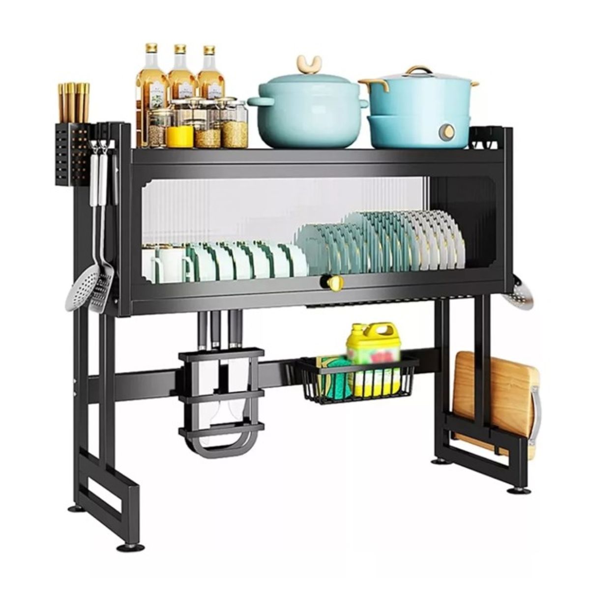 GENERICO - Platero Estante Escurridor de platos con tapa de vidrio 85 cm