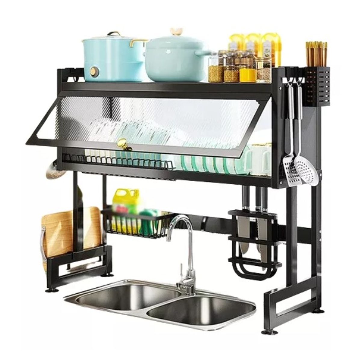 GENERICO - Platero Estante Escurridor de platos con tapa de vidrio 85 cm