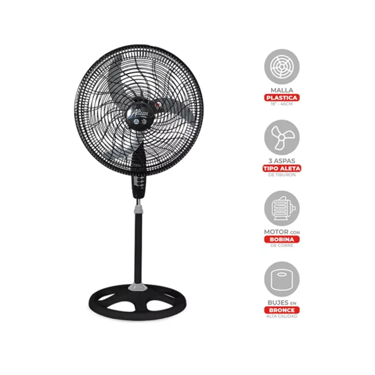 ALTEZZA - Ventilador Altezza Basic de Pedestal Motor Bujes Malla Plástica Negro