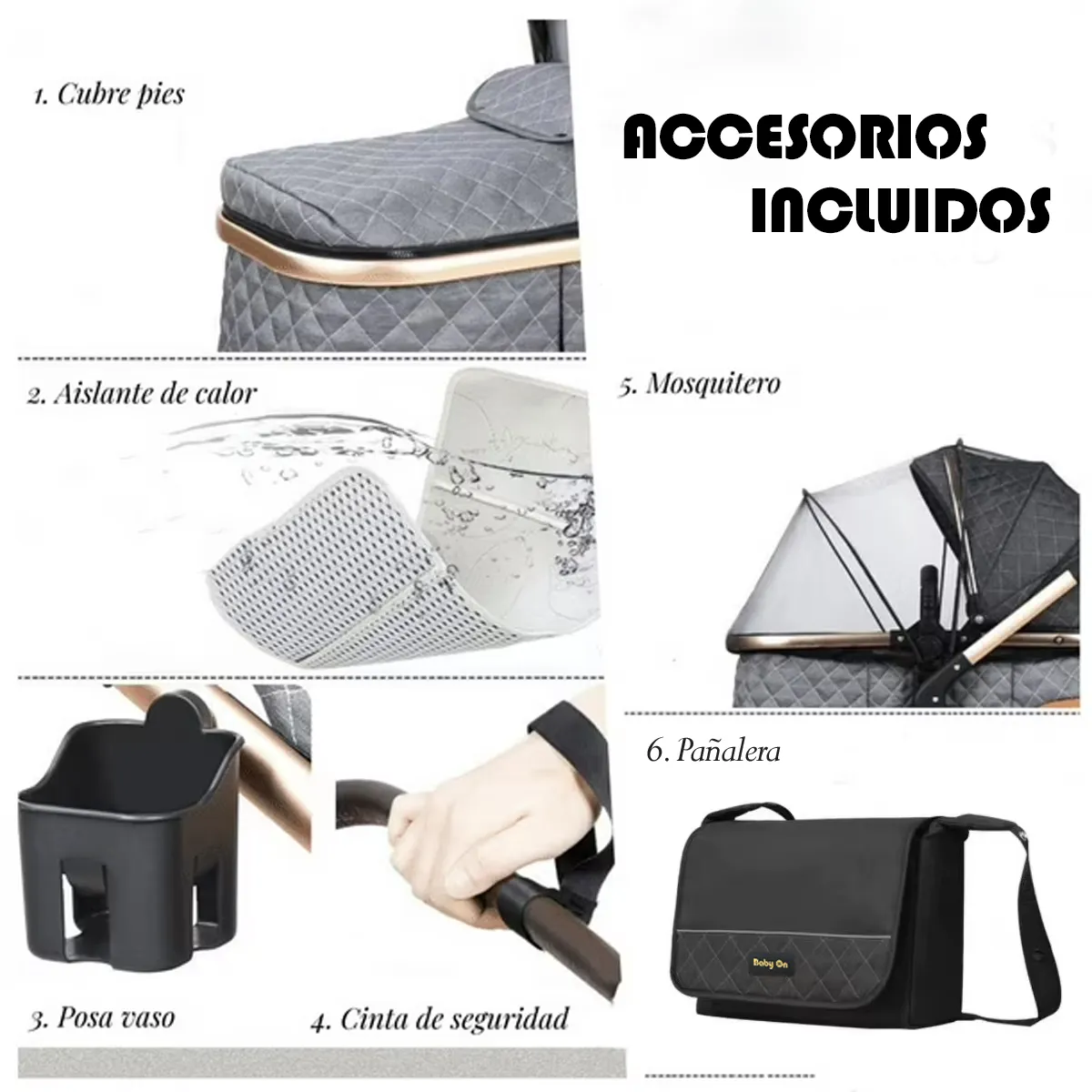 BABY ON - Coche moises de lujo en aluminio Negro + Pañalera