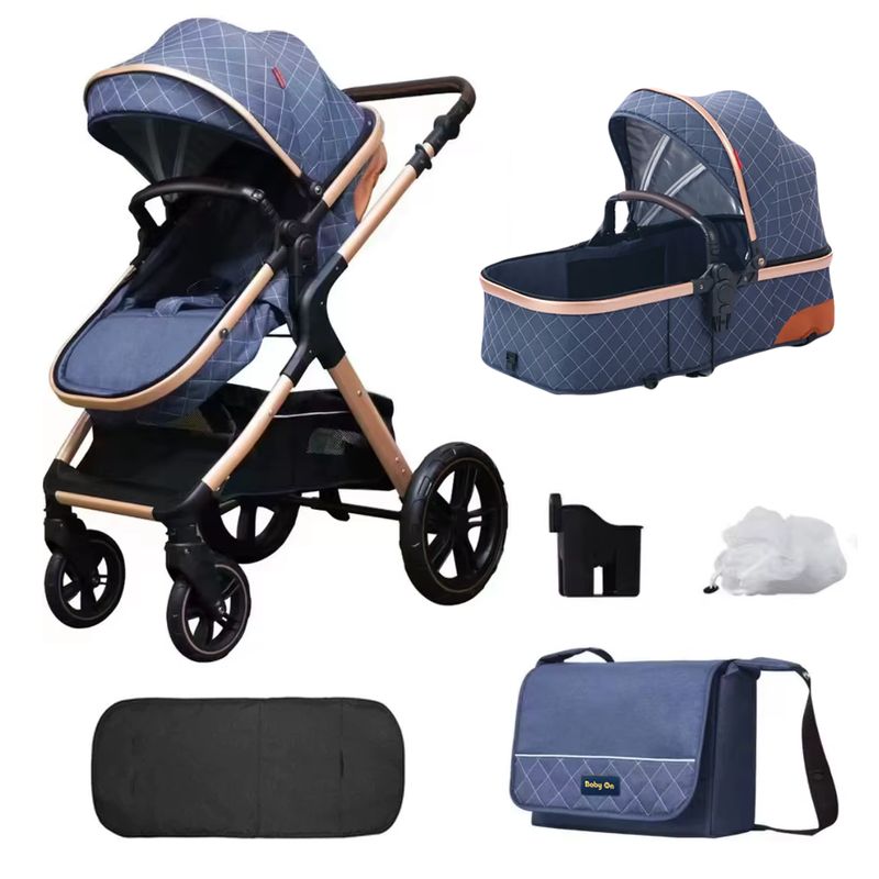 BABY ON - Coche moises de lujo en aluminio Azul + Pañalera
