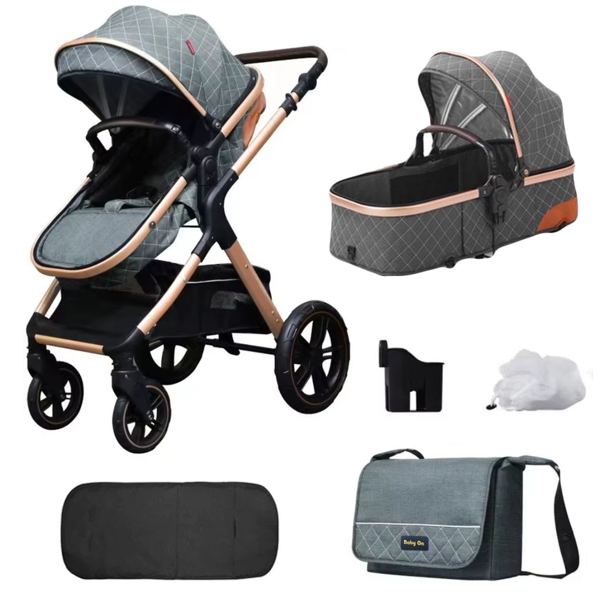 BABY ON - Coche moises de lujo en aluminio Gris + Pañalera