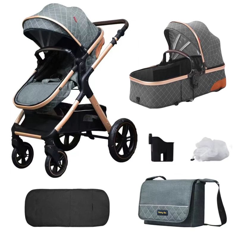 BABY ON - Coche moises de lujo en aluminio Gris + Pañalera