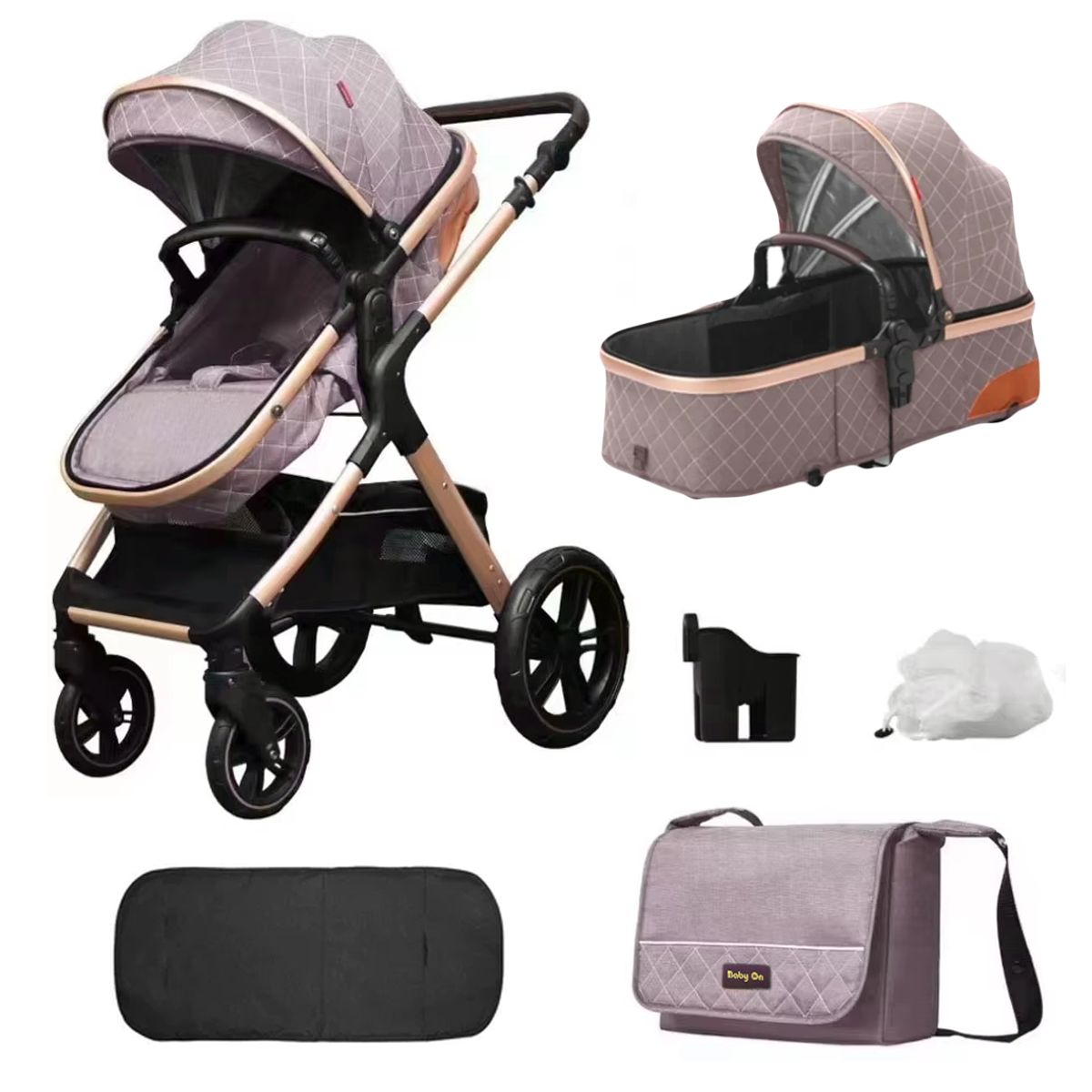 BABY ON - Coche moises de lujo en aluminio Rosa + Pañalera