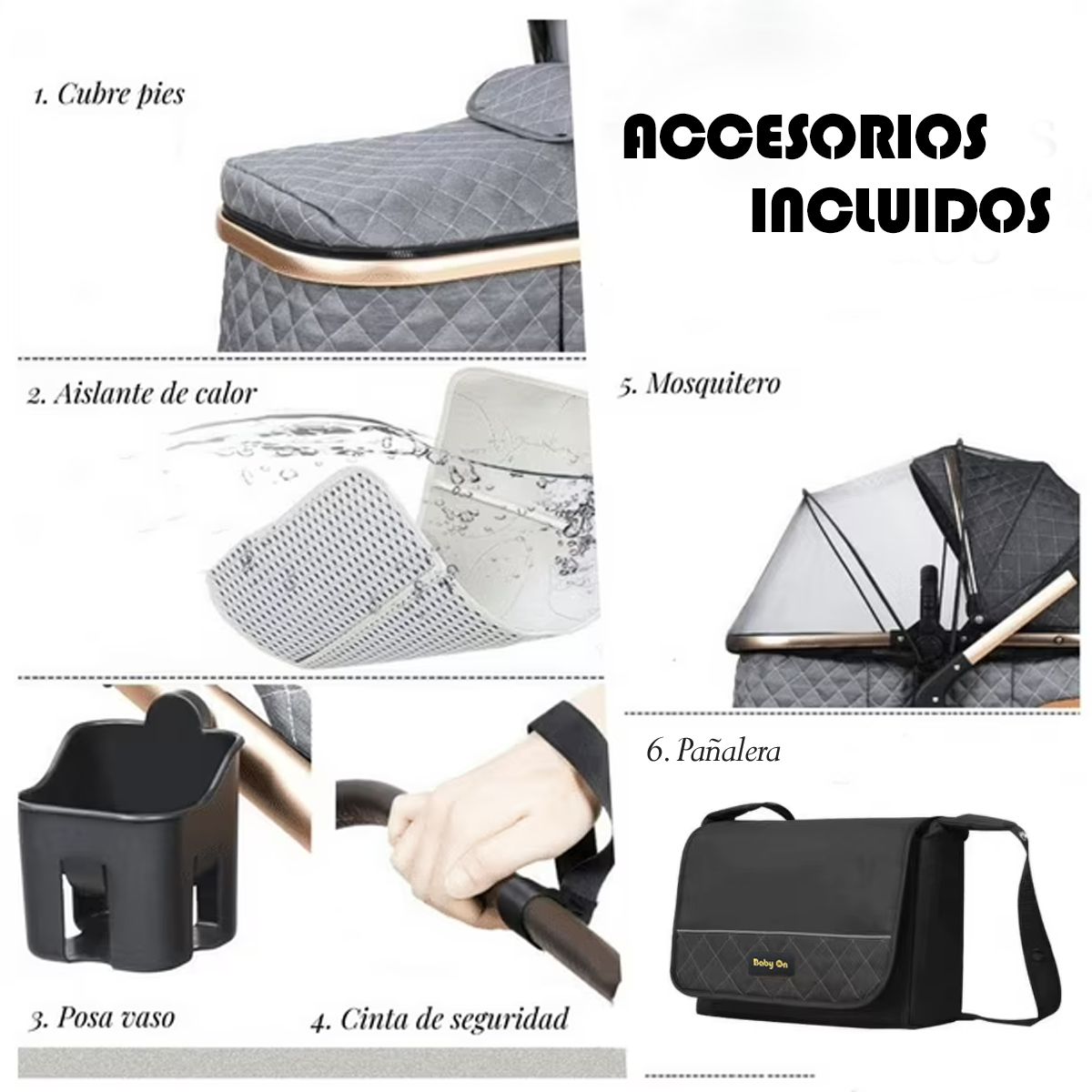 BABY ON - Coche moises de lujo en aluminio Rosa + Pañalera
