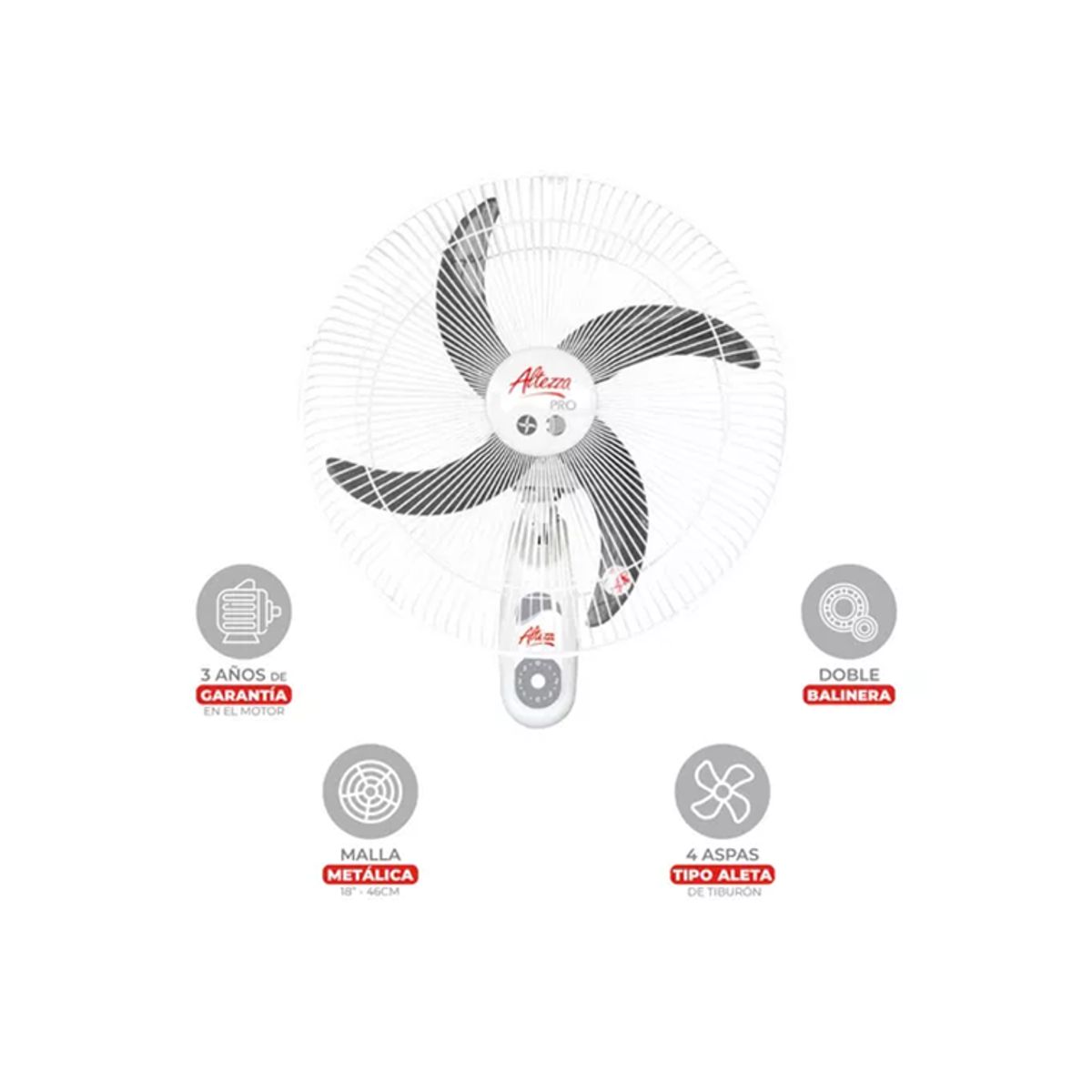 ALTEZZA - Ventilador Altezza Pro de Pared Motor Balineras Malla Metalica Blanco