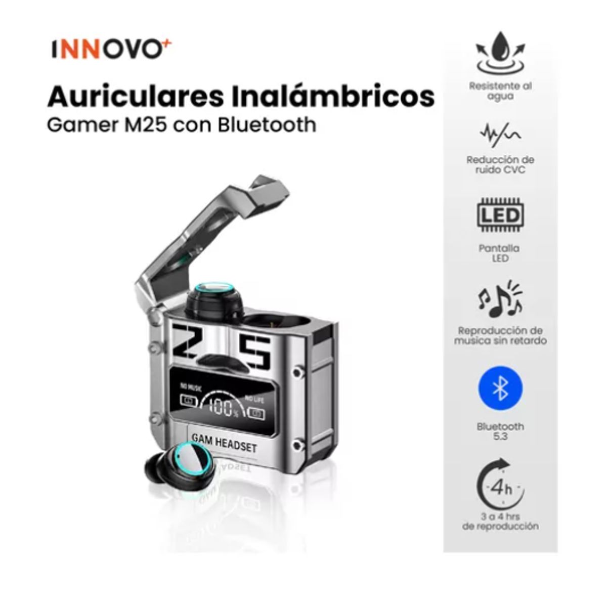 INNOVA - Audífonos Inalámbricos Plata M25 Bluetooth 5.3 Gamming Innovo Tech