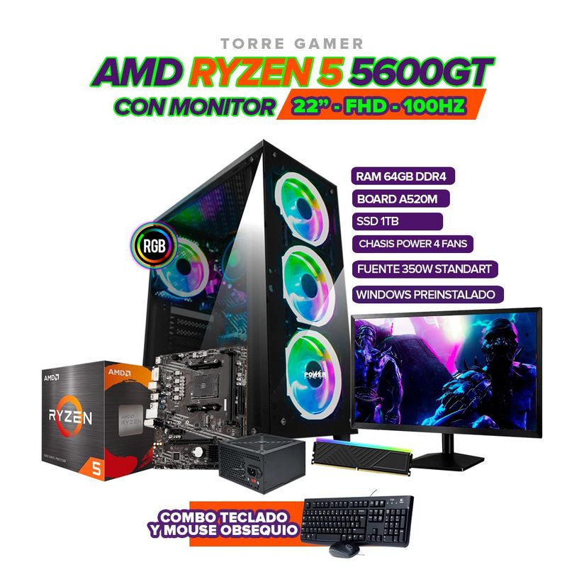 AMD - PC Gamer Ryzen 5 5600G 64GB RAM SSD 1TB A520 Chasis 4 Fans Monitor 22”+ 350W