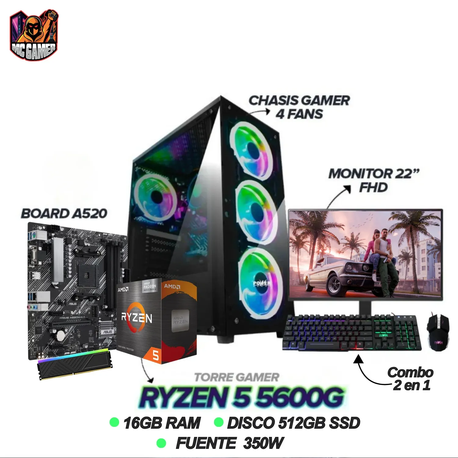 PC GAMER RYZEN 5 5600G - 16GB RAM - SSD 512GB - A520 - MONITOR 22
