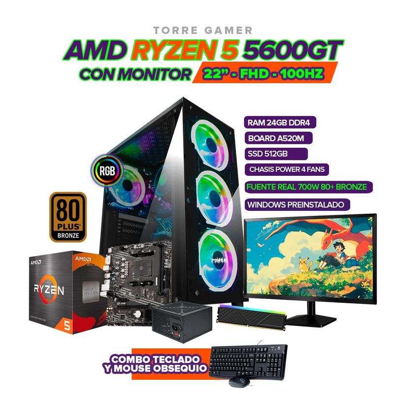 AMD - PC RYZEN 5 5600GT / RAM 24GB / 512GB SSD / BOARD A520 / MONITOR 22" / 700W 80+
