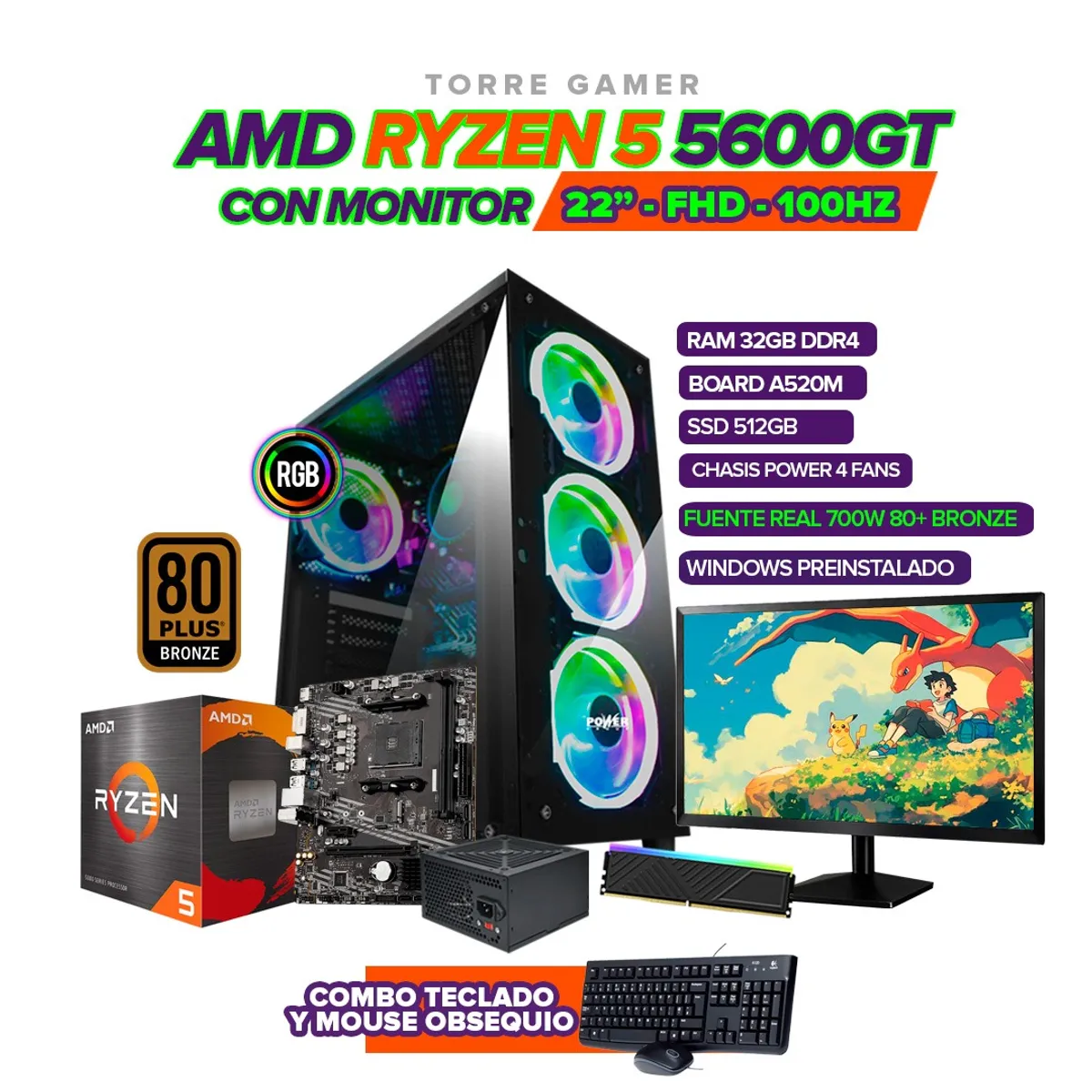 AMD - PC RYZEN 5 5600GT / RAM 32GB / 512GB SSD / BOARD A520 / MONITOR 22" / 700W 80+