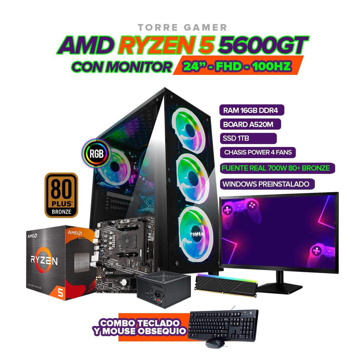 AMD - PC RYZEN 5 5600GT / RAM 16GB / 1TB SSD / BOARD A520 / MONITOR 24" / 700W 80+