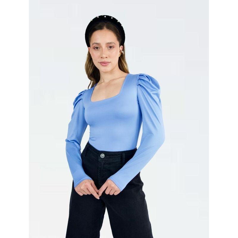 MOLGOA - Body para Mujer Escote Cuadrado Manga Bombacha - Bianco Azul