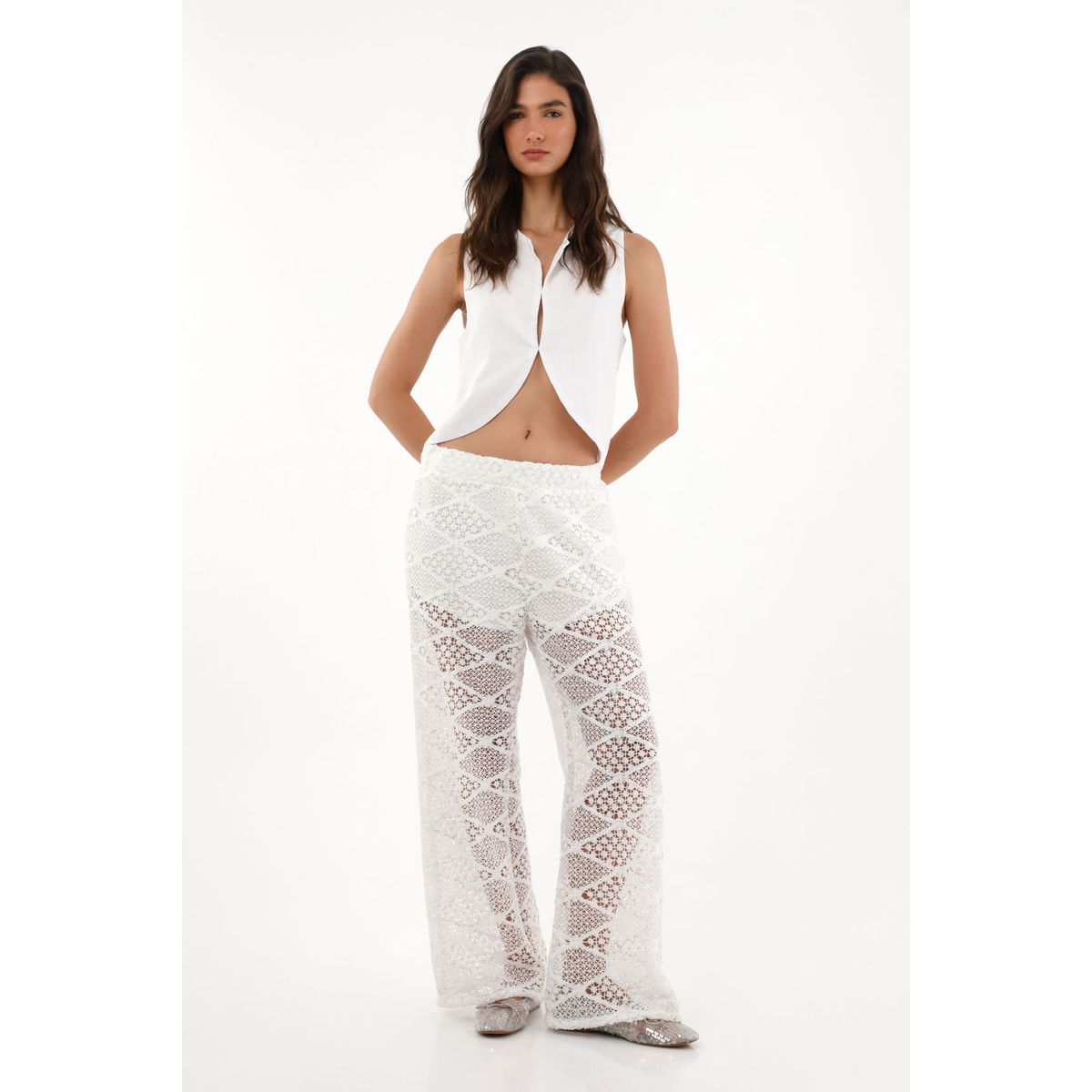TENNIS - Pantalón Wide Leg en tejido abierto crudo para mujer