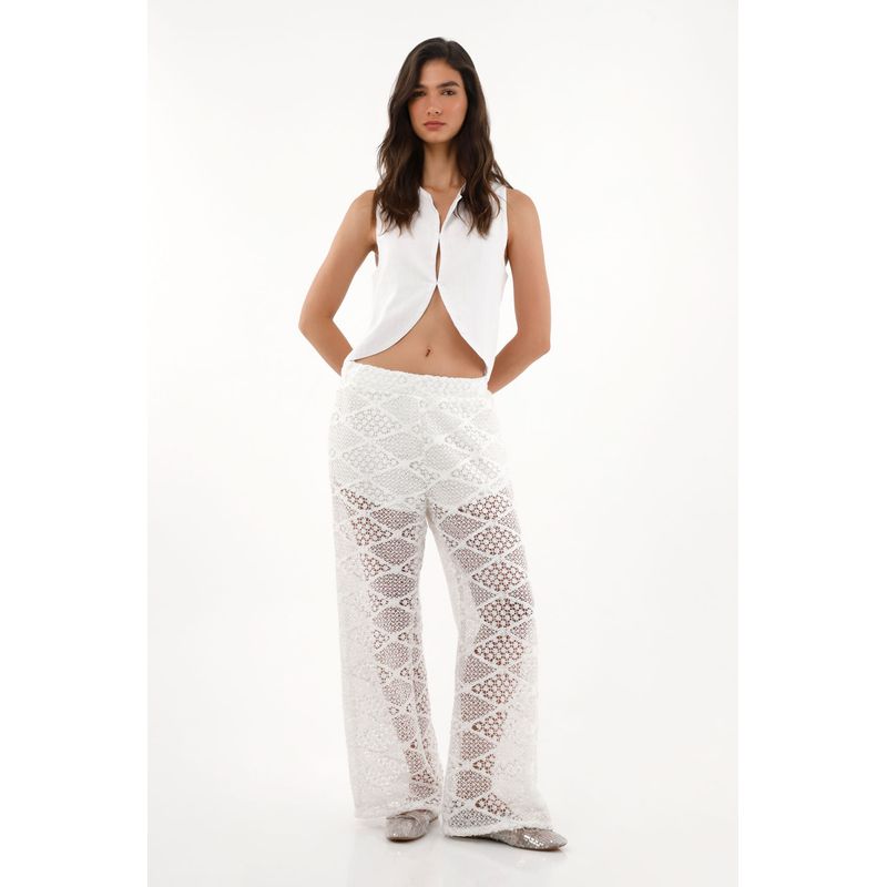 TENNIS - Pantalón Wide Leg en tejido abierto crudo para mujer