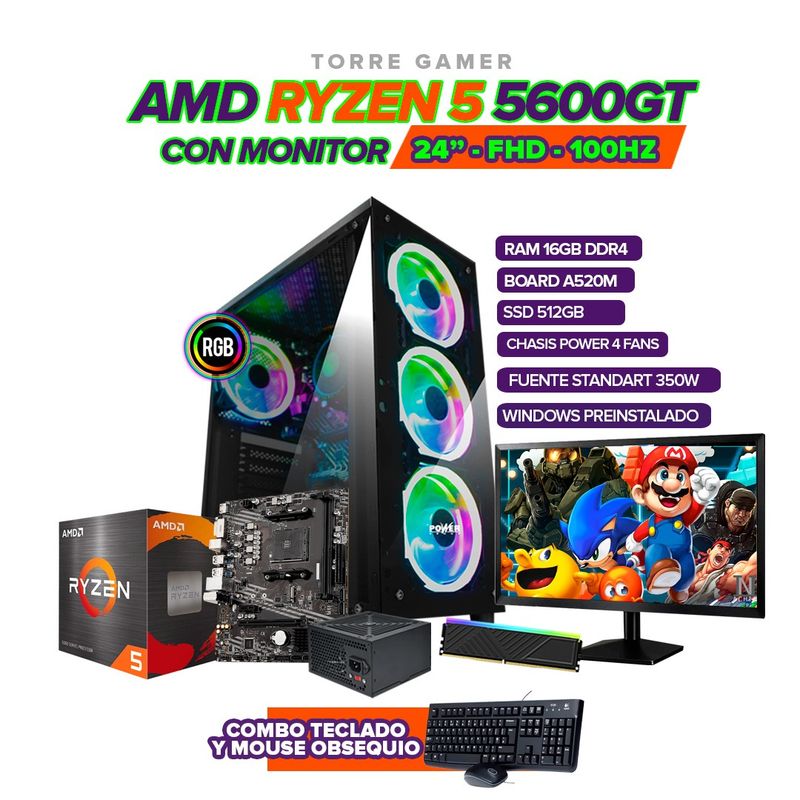 AMD - PC GAMER RYZEN 5 5600GT / RAM 16GB / 512GB SSD / BOARD A520 / MONITOR 24" FHD