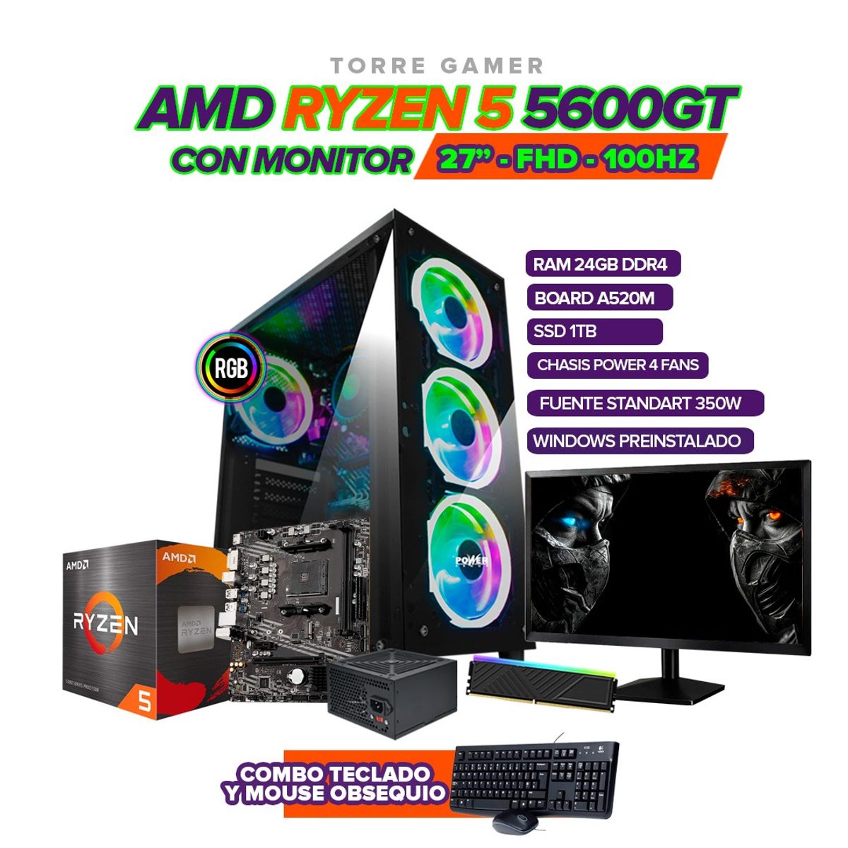 AMD - PC GAMER RYZEN 5 5600GT/24GB RAM/ SSD 1TB/ A520/CHASIS 4 FANS / MONITOR 27"FHD