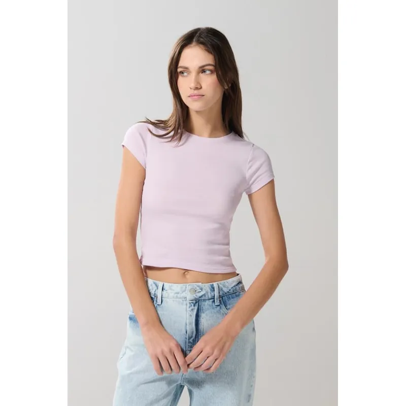KOAJ - KOAJ Camiseta en rib manga corta unicolor con cuello redondo Mujer