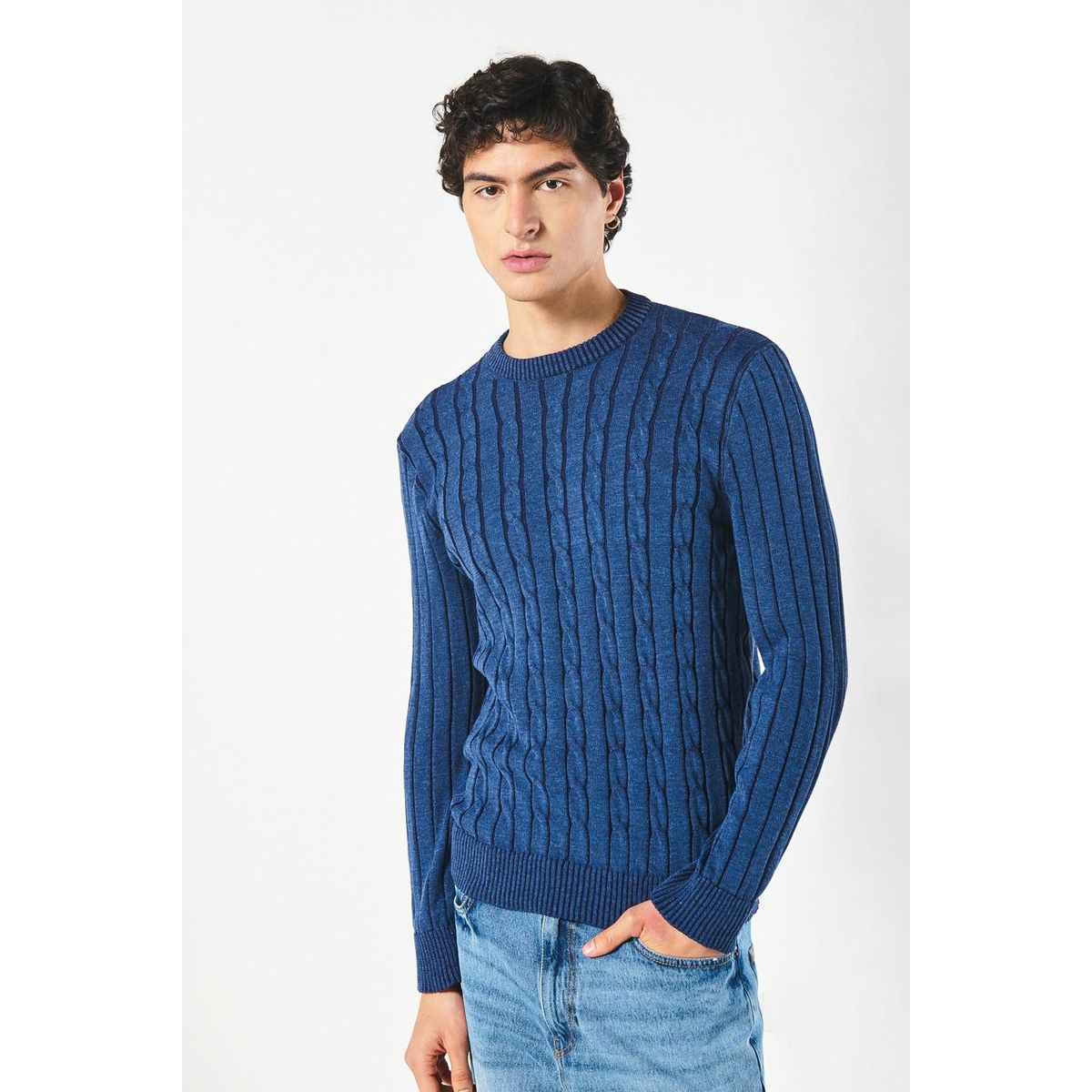 KOAJ - KOAJ Suéter tejido azul intenso cuello redondo con trenzas Hombre