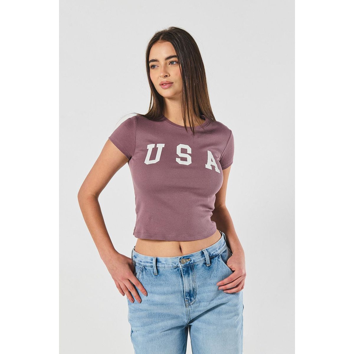 KOAJ - KOAJ Camiseta en rib lila clara cuello redondo con diseño c Mujer