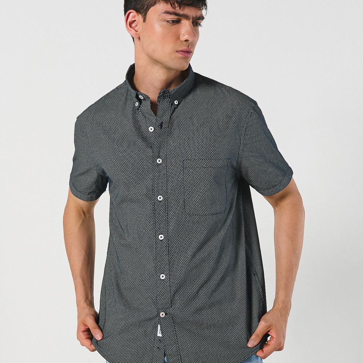 KOAJ - KOAJ Camisa azul intensa manga corta con diseños de mini pr Hombre