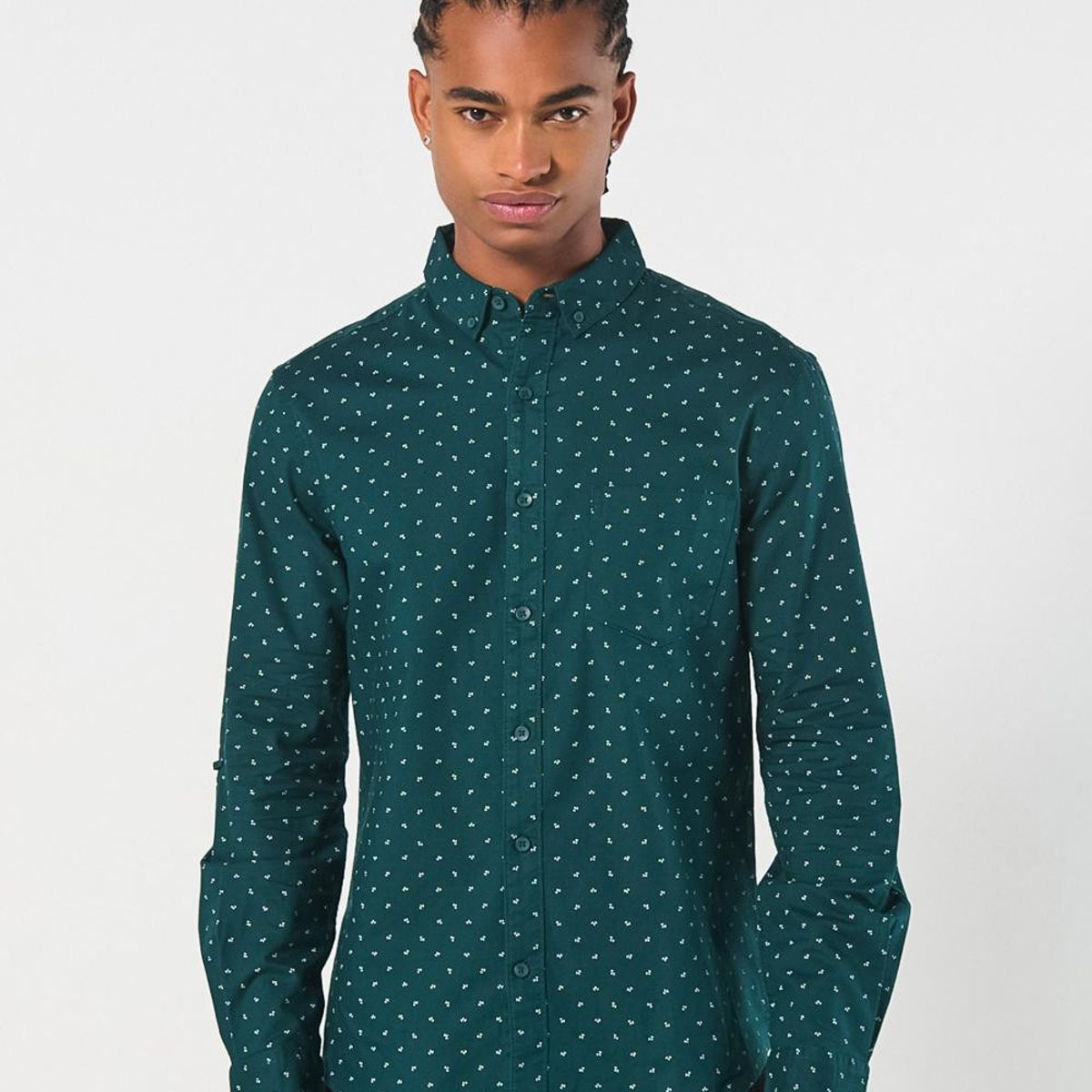 KOAJ - KOAJ Camisa verde oscura con cuello button down y diseños Hombre