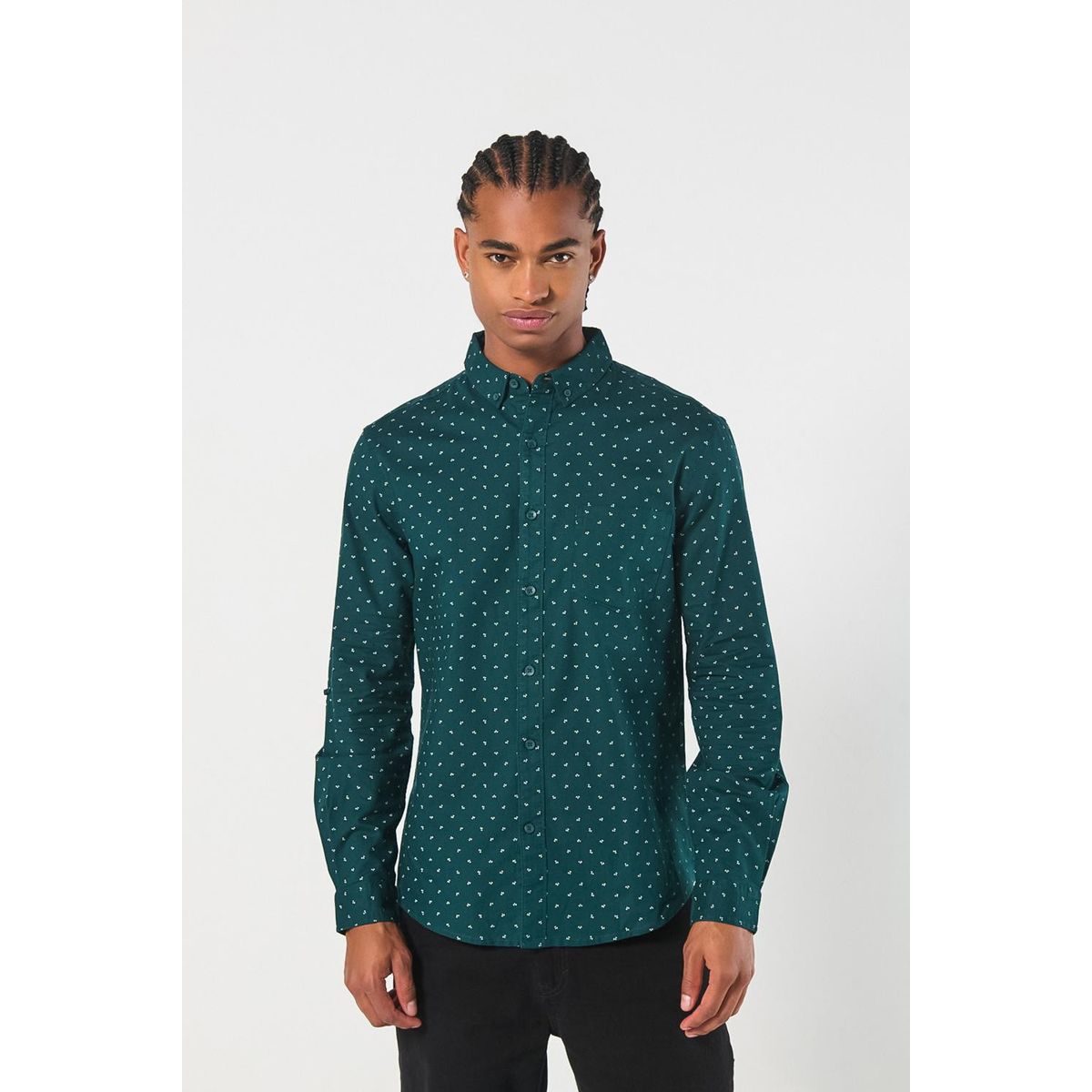 KOAJ - KOAJ Camisa verde oscura con cuello button down y diseños Hombre