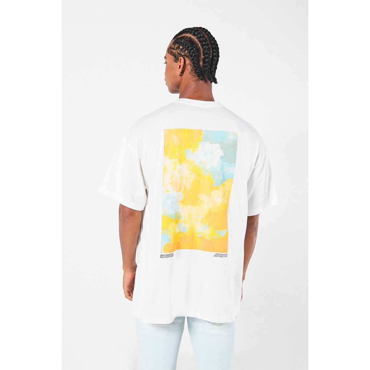 KOAJ - KOAJ Camiseta oversize crema con motivo artístico y cuello  Hombre