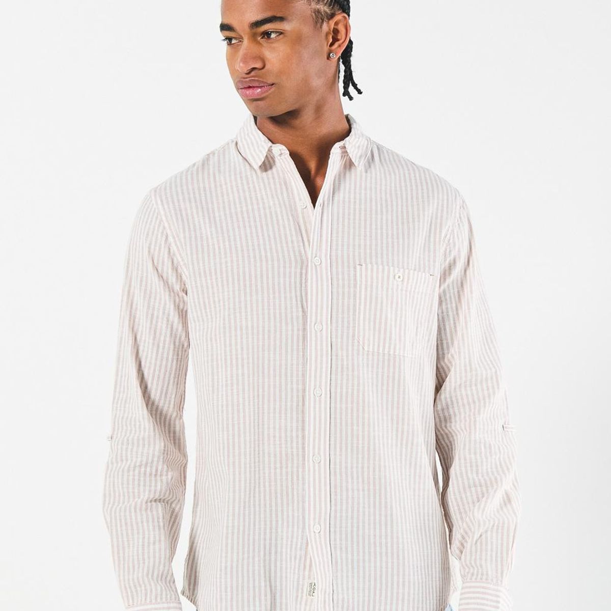 KOAJ - KOAJ Camisa a rayas crema clara manga larga en algodón Hombre