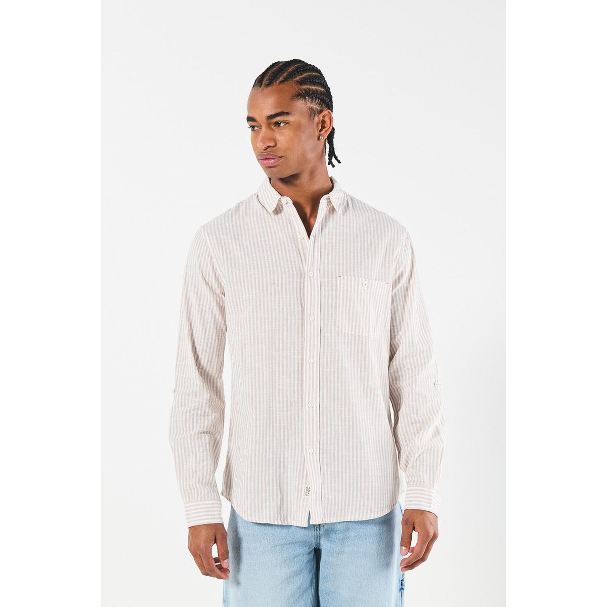 KOAJ - KOAJ Camisa a rayas crema clara manga larga en algodón Hombre