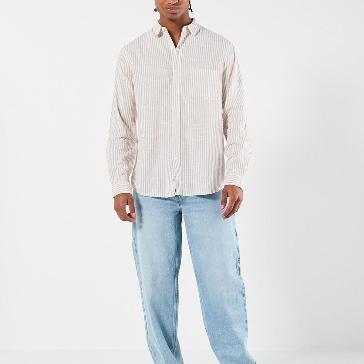 KOAJ - KOAJ Camisa a rayas crema clara manga larga en algodón Hombre