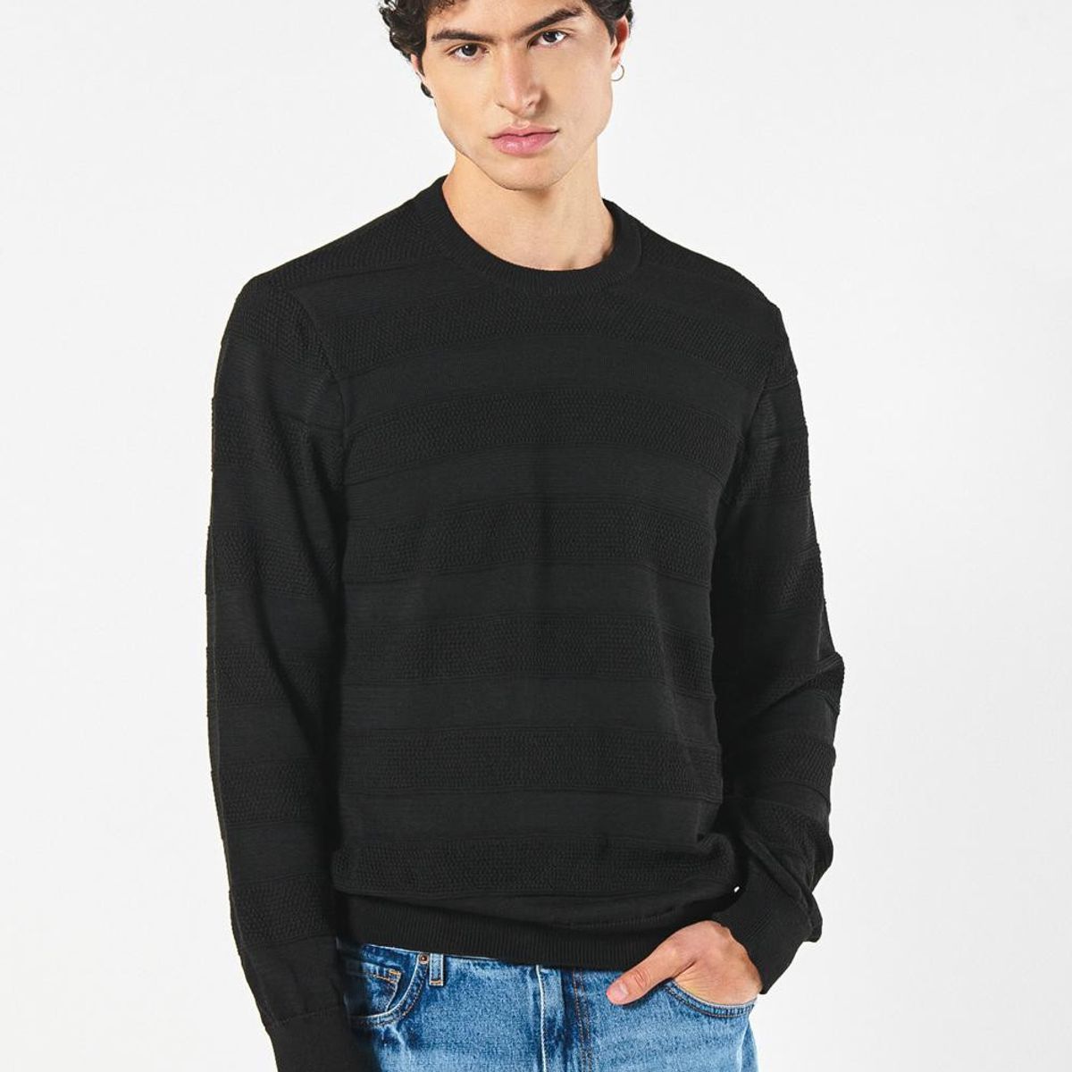 KOAJ - KOAJ Suéter negro cuello redondo combinación de varios tejid Hombre