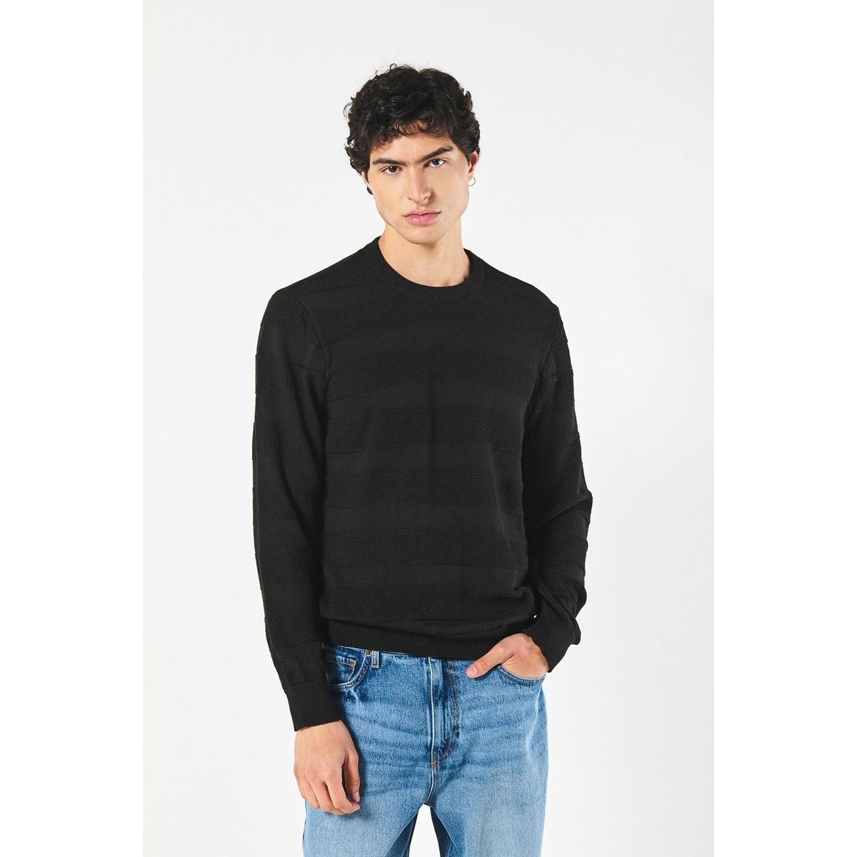 KOAJ - KOAJ Suéter negro cuello redondo combinación de varios tejid Hombre