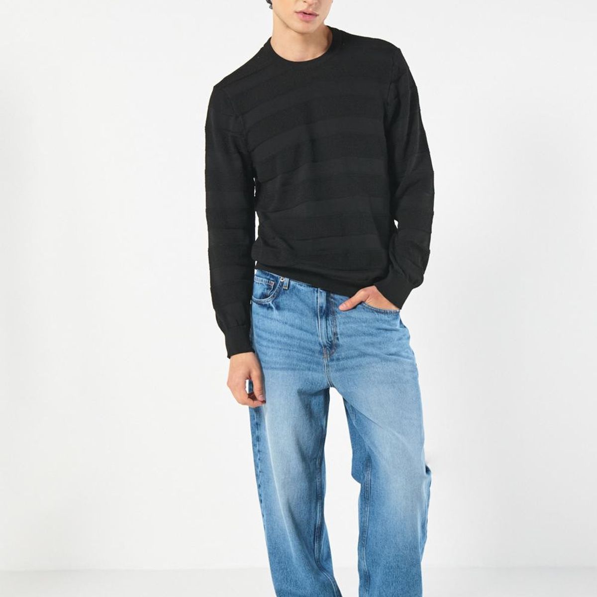 KOAJ - KOAJ Suéter negro cuello redondo combinación de varios tejid Hombre