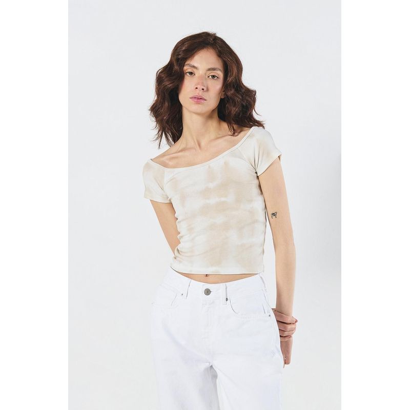 KOAJ - KOAJ Camiseta kaki estampada con manga corta y cuello bandeja MUJER
