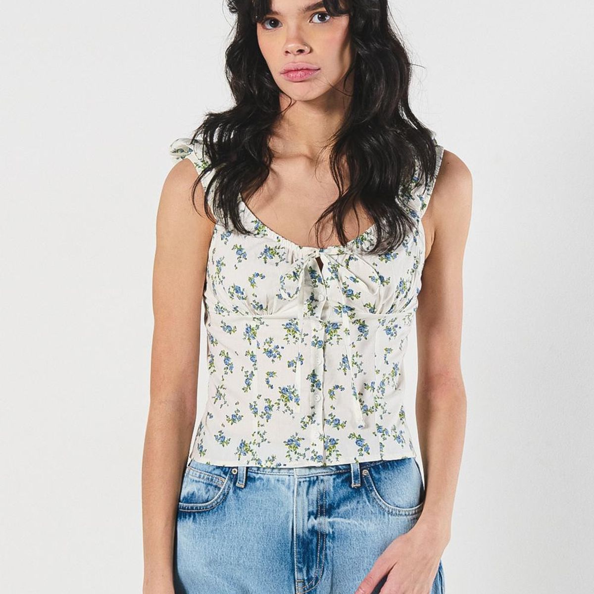 KOAJ - KOAJ Blusa crop blanca manga sisa con diseños de flores Mujer