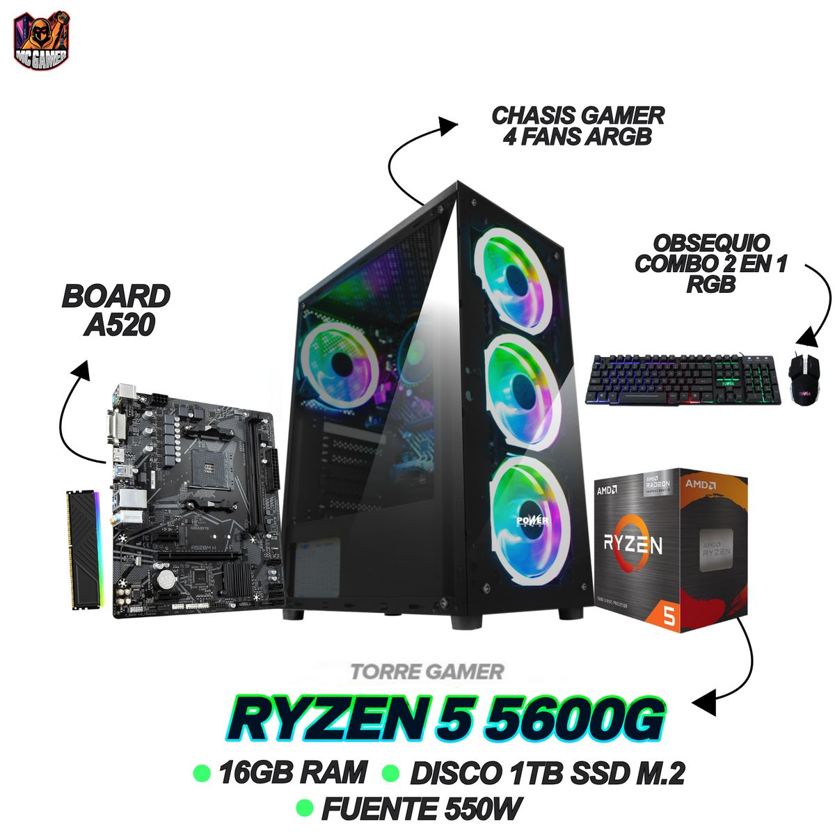 AMD - TORRE GAMER RYZEN 5 5600G - 1TB SSD M.2 - 16GB RAM  - FUENTE 550W - COMBO 2 EN 1