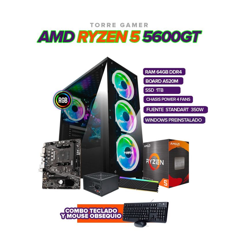 AMD - TORRE GAMER RYZEN 5 5600G/ 64GB RAM /1TB SSD/ A520M/CHASIS 4FAN