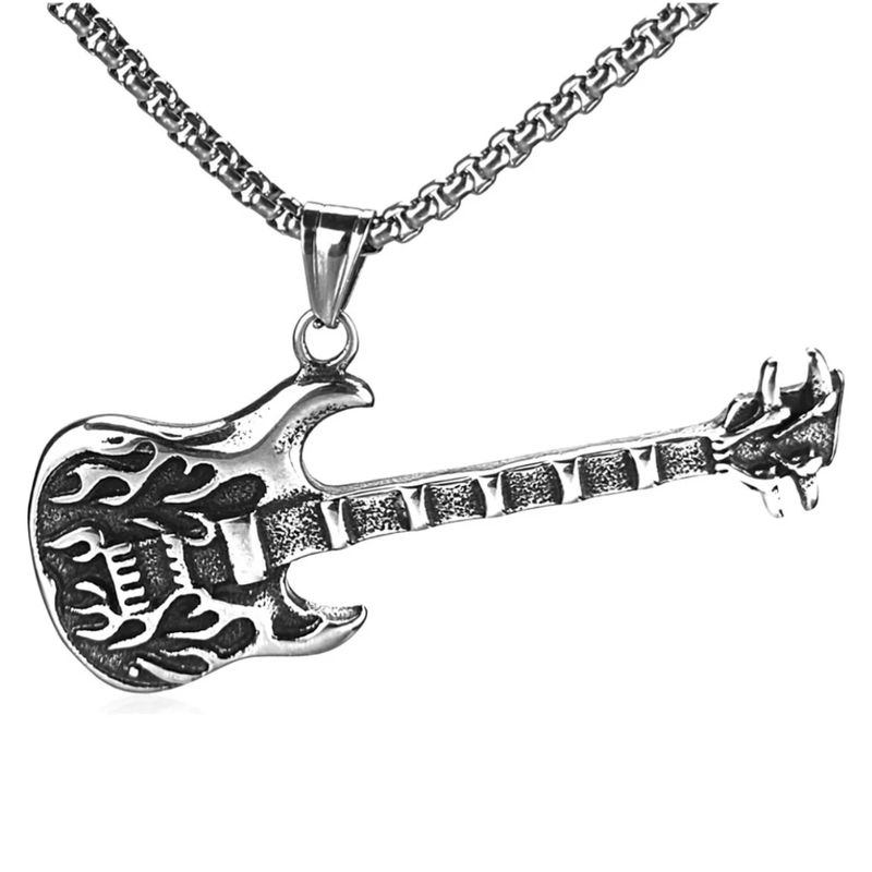 GENERICO - Collar Para Hombre Mujer Con Dije Acero Guitarra Llamas Rock