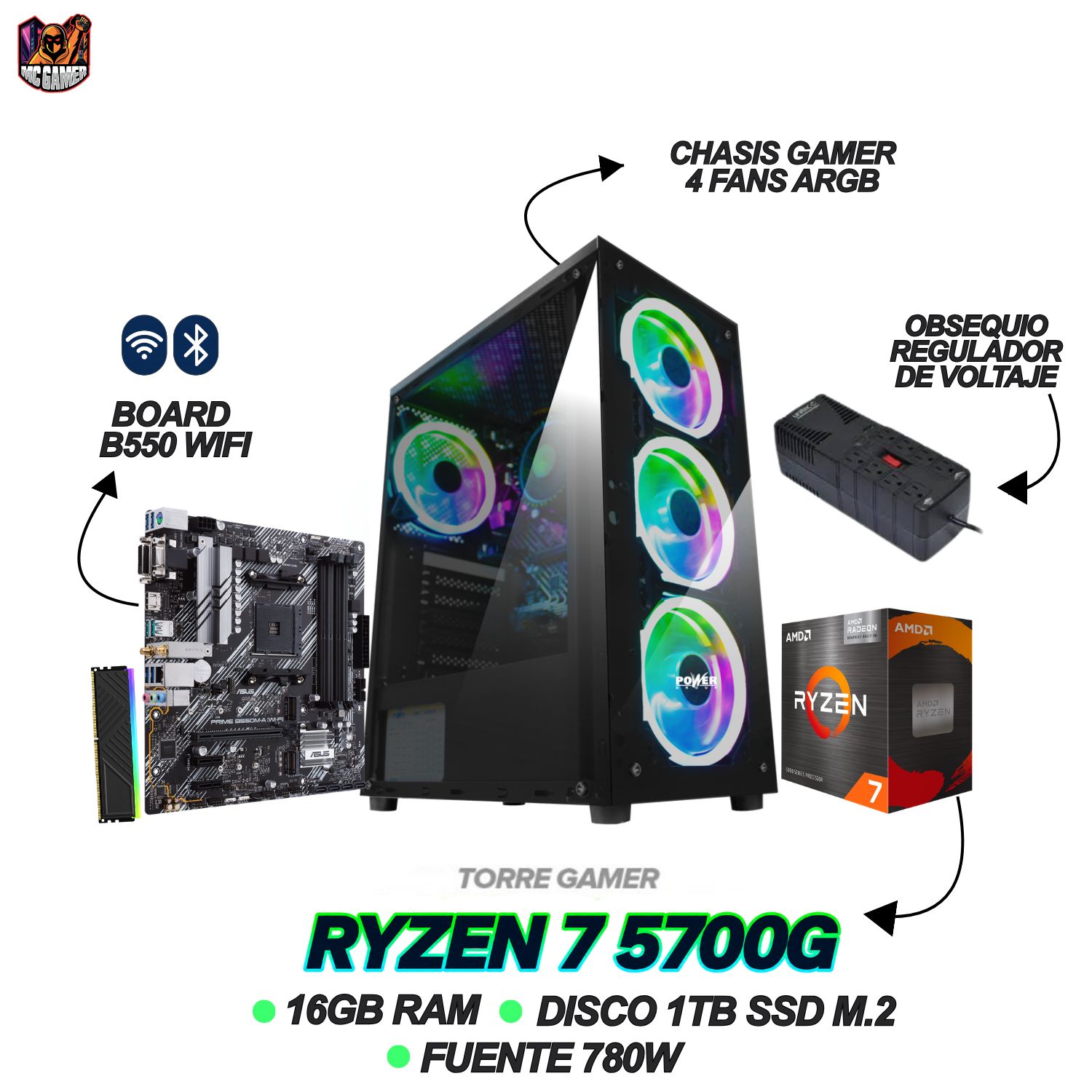 TORRE GAMER RYZEN 7 5700G - 32GB RAM - 1TB SSD - A520M - CHASIS 4