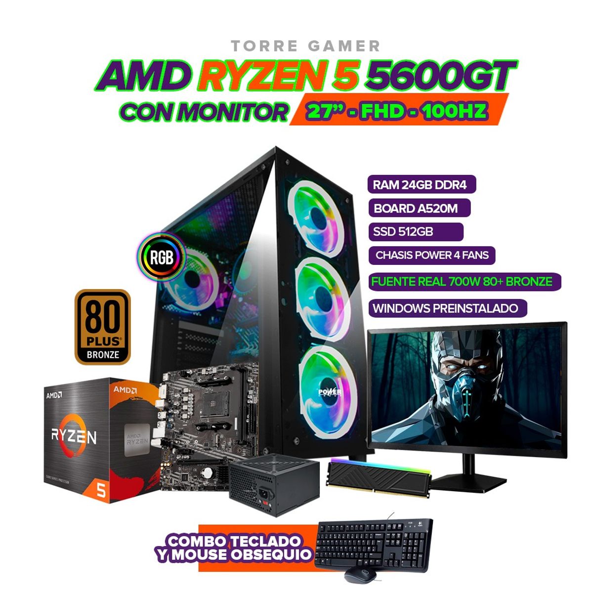 AMD - PC RYZEN 5 5600GT / RAM 24GB / 512GB SSD / BOARD A520 / MONITOR 27" / 700W 80+